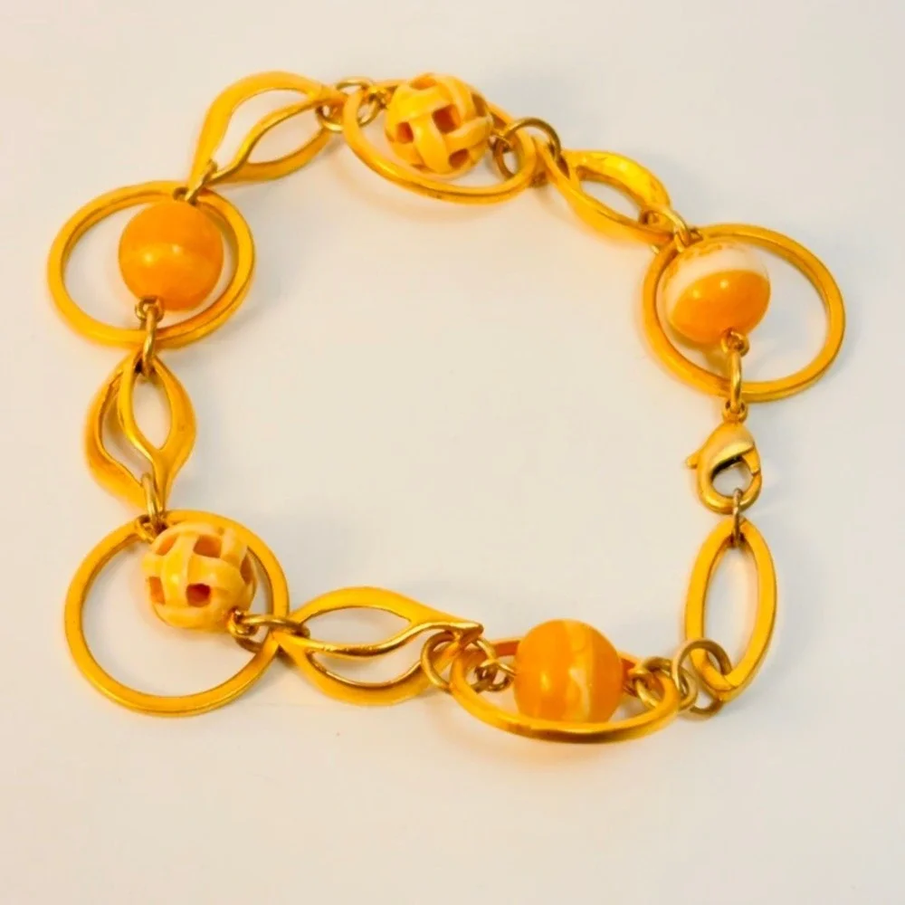 Vintage Link Bracelet Gold Yellow Marbled Bead Boho Chic Minimalist 90s